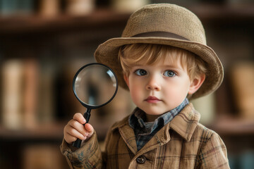 A little boy holding a magnifying glass, pretending to be a detective