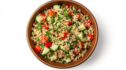 A vibrant bowl of fresh quinoa salad featuring diced cucumbers, cherry tomatoes, and herbs. Perfect for healthy eating and meal prep.