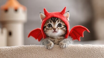 Adorable Kitten Wearing Red Devil Costume with Wings and Horns, Perfect for Halloween or Cute Pet-Themed Celebrations in Cozy Indoor Setting
