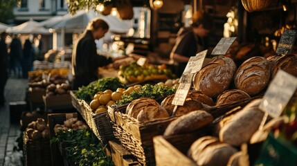 Fresh Produce and Breads at a Local Market: Colorful Stalls and Busy Customers Enjoying a Beautiful Day