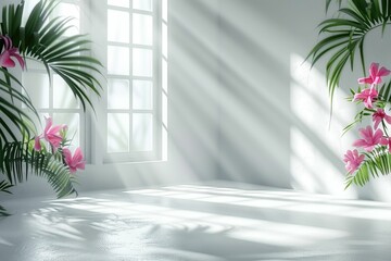 White studio background with window shadows  flowers  and palm leaves.