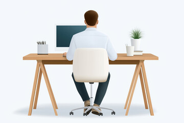 Man working at a modern desk with computer and plants in a minimalist environment