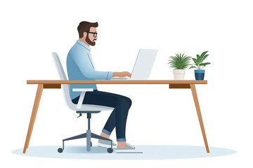 Man working on laptop at modern desk with plants in cozy workspace setting