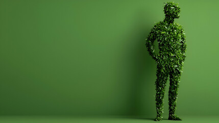 Naklejka premium A green silhouette of a man made entirely of leaves, standing against a solid green background, symbolizing nature and environmental themes.