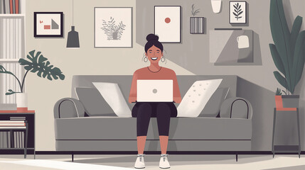Concept of working from home, homeoffice. Women sitting on her couch working on a laptop.