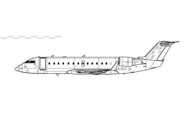 Bombardier CRJ200. Vector drawing of regional jet airliner. Side view. Image for illustration and infographics.