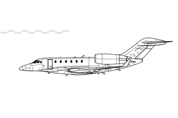 Cessna 750 Citation X plus. Vector drawing of business jet aircraft. Side view. Image for illustration and infographics.
