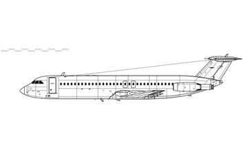 BAC One-Eleven-500, BAC 1-11. Vector drawing of short-range jet airliner. Side view. Image for illustration and infographics.