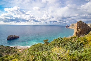 Cape Fiolent, Crimea, Russia. View from the top of the cliff. Azure sea against a clear sky