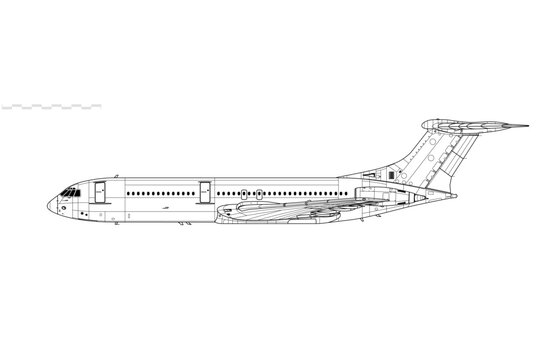 Vickers VC10 Type 1100. Vector drawing of passenger jet airliner. Side view. Image for illustration and infographics.