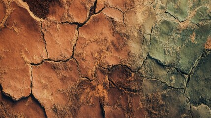 Naklejka premium Abstract cracked earth textures with warm terracotta, ochre, and deep olive green tones. The rough, organic patterns mimic weathered stone and dry soil, evoking natural and rustic aesthetics.