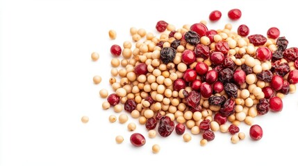 A vibrant mix of colorful seeds and dried berries on a white background, perfect for showcasing healthy ingredients and nutritious food options.