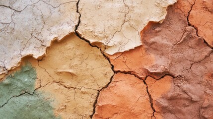Fototapeta premium Abstract cracked earth textures with warm terracotta, ochre, and deep olive green tones. The rough, organic patterns mimic weathered stone and dry soil, evoking natural and rustic aesthetics.