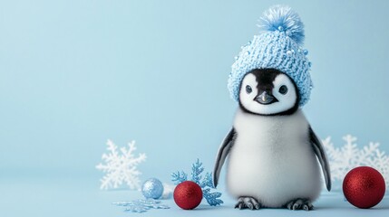 Obraz premium A baby penguin wearing a festive New Year’s hat with icy blue decorations and snowflakes around it, isolated on a pale blue background