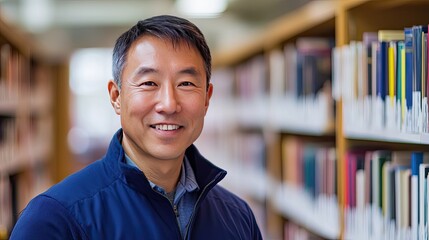 Obraz premium An Asian male librarian wearing a blue jacket, smiling warmly at the camera while standing in a well-organized library, with books neatly arranged behind him, ideal for educational content.