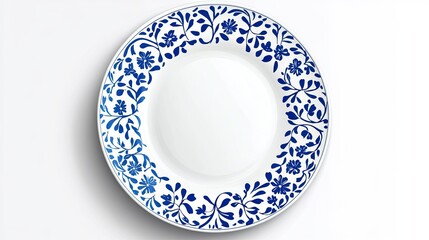 Elegant white plate with intricate blue floral patterns, showcasing fine craftsmanship and design suitable for dining, decoration, or artistic presentation on a stylish table setting.