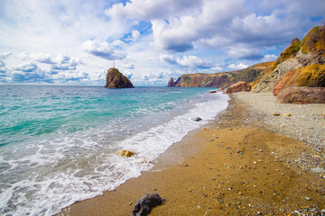 Cape Fiolent, Crimea, Russia. View from the top of the cliff. Azure sea against a clear sky