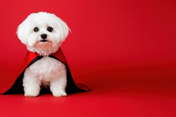 Bichon Frise dressed in a vampire cape poses in a modern studio with bold red and black tones