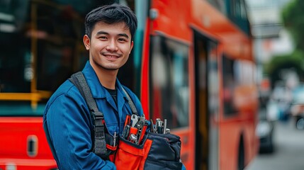Fototapeta premium Asian male mechanic wearing a work uniform and holding a tool bag on his shoulder, standing proudly in front of a bright red bus, smiling at the camera.