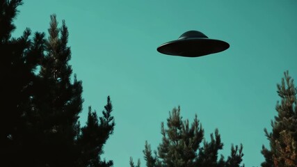 UFO above pine forest at dusk. Supernatural encounter
