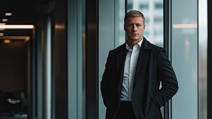 Fototapeta premium Businessman in black suit and coat standing confidently next to an expansive glass window, looking into the camera with a calm demeanor.