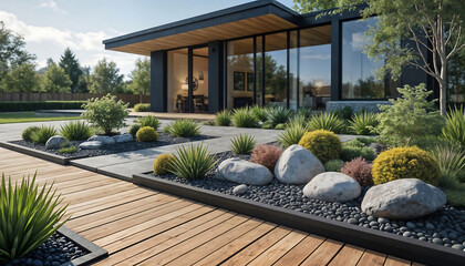 Aménagement d'un jardin minéral devant la maison moderne, avec bordure, galets, pavés, allée, graviers, design extérieur, aménagement paysager