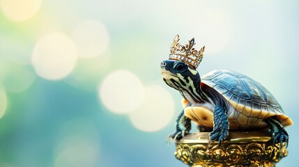 A baby turtle with a shiny New Year’s tiara, perched on a tiny golden pedestal, isolated on a pale blue background