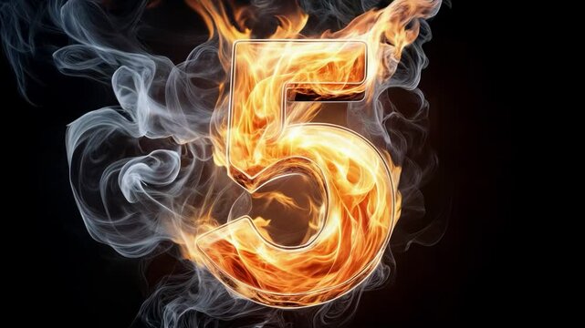 Fiery countdown animation from 10 to 0 with burning, glowing numbers against a dark background. The intense flames flicker realistically, creating a dramatic and powerful atmosphere