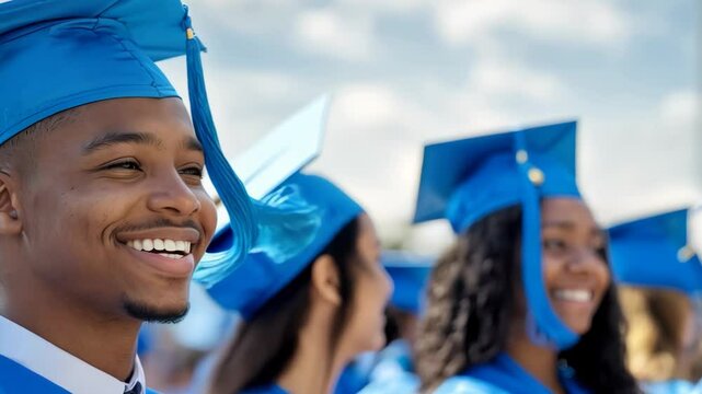 Joyful students celebrate their graduation day wearing blue caps and gowns outside under a bright sky