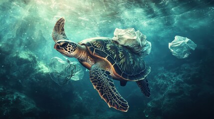 Fototapeta premium Plastic Pollution Harms Marine Life: A Turtle Struggles with Waste