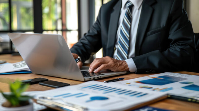 Senior man sitting at desk with laptop, handling important documents, managing finances or business matters.