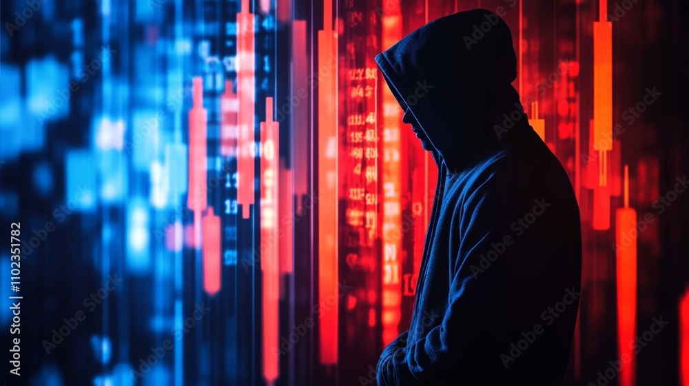 Poster Silhouette of hooded hacker observing fluctuating cryptocurrency investment and financial market trends displayed on a large screen, exploring potential vulnerabilities or planning a cyberattack