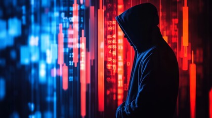 Silhouette of hooded hacker observing fluctuating cryptocurrency investment and financial market trends displayed on a large screen, exploring potential vulnerabilities or planning a cyberattack
