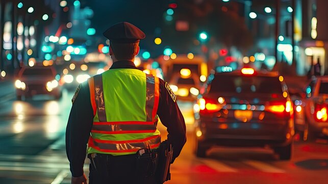 Highway patrol officer controlling road traffic in a bright neon vest, standing at a busy intersection, directing vehicles for smooth movement, representing public safety.
