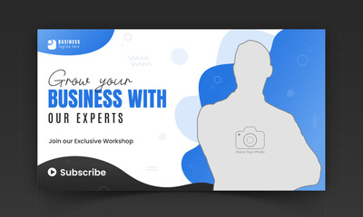 Corporate creative YouTube thumbnail and social media cover design, digital marketing agency live video streaming for business promotion on abstract blue colorful shapes and white background