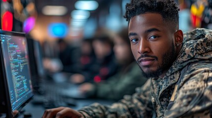 Veteran develops a small software application in a tech workspace during a coding session
