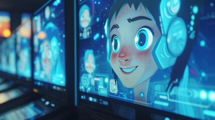 Animated digital avatars with vibrant expressions appear on multiple futuristic display screens, hinting at themes of social interaction in virtual worlds. The glowing colors and advanced design