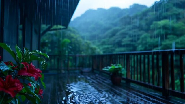 Landscape Wooden House Nature The Background And Rain Falling The Yard