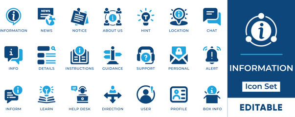Information Icon Set. Features editable icons forconfidential, guidance, help, info, instruction, learn, news, notice, personal, and support. Perfect for tech, software, and digital projects.