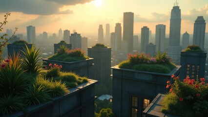 Fototapeta premium Cityscape, green rooftops, ecology