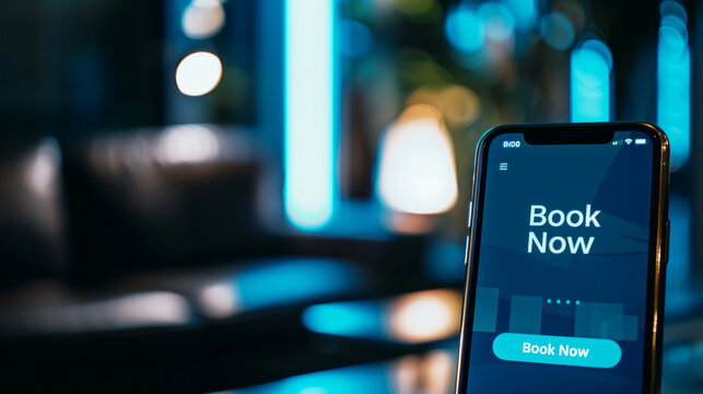 Smartphone with Book Now text, Call for booking accommodation and tickets. app interface
