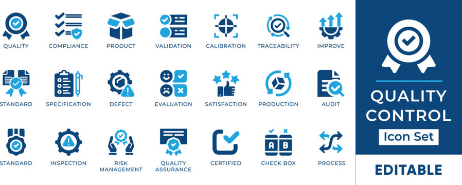 Quality Control Icon Set. Features editable icons for quality assurance symbols, inspection, standards, compliance, and more. Perfect for manufacturing, industrial, and business designs.