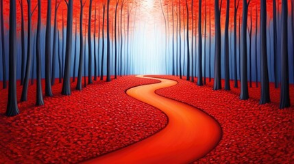 Serene Path Through Vibrant Red Forest with Lush Autumn Leaves Leading to Radiant Light in the Distance, Evoking Calmness and Reflection in Nature's Embrace