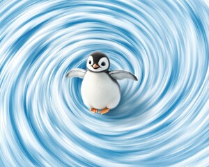 Obraz premium Cute cartoon penguin character spinning playfully in a whimsical blue swirling background, exuding joy and fun in a colorful animated scene for children and families