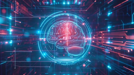 Obraz premium A striking, AI-generated 3D rendering of a glowing holographic brain surrounded by vibrant blue and red light in a futuristic cyber network. The image conveys themes of artificial intelligence