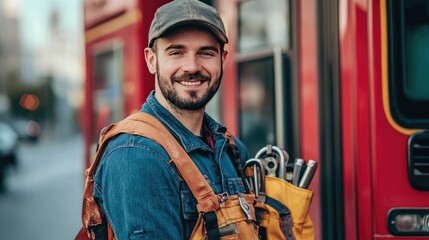 Fototapeta premium Uniformed mechanic standing with a tool bag over his shoulder, smiling as he stands in front of a red bus on a sunny day.
