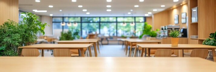 Blurred Bright Wooden Food Court Interior With Large Windows, Modern Design, And Natural Elements