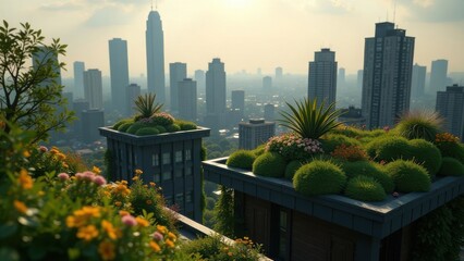 Fototapeta premium Cityscape, green rooftops, ecology