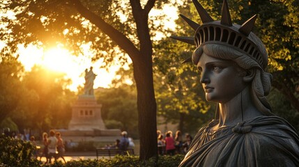 Statue of Liberty at Sunset in a Park, Symbolizing Freedom and Hope in New York City, with Visitors Enjoying the View