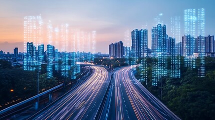 Obraz premium 3d city digital binary towers high-speed highway concept big data machine learning artificial intelligence hyper loop virtual reality random seed aspect ratio 16:9